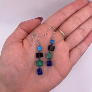 Black Onyx Malachite and Blue Lapis Dangle Earrings